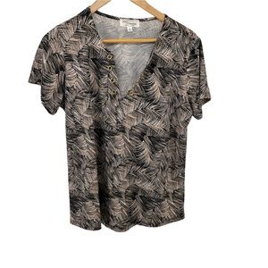 Eve‎ & Maddie Short Sleeve V- Neck Blouse Leaf Pattern Size Large